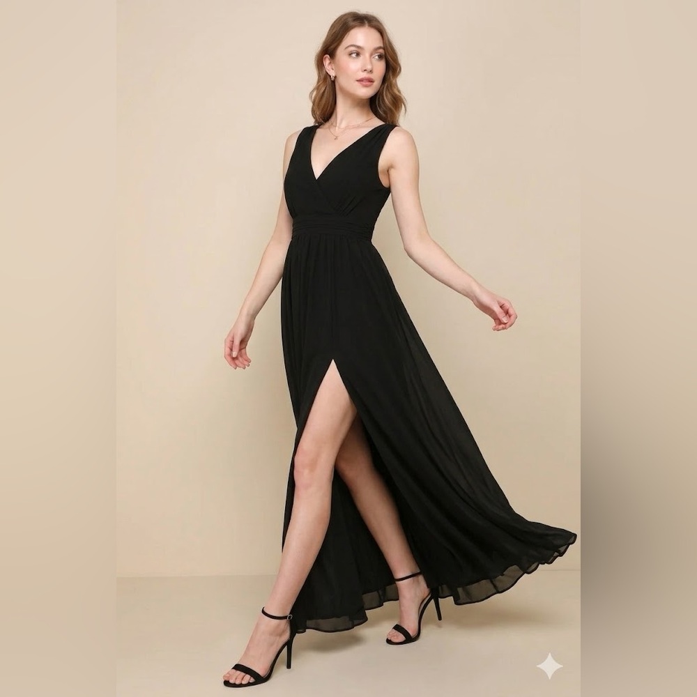 Lulus Thoughts of Hue Black  Maxi Dress Long Elegant Dress With Side Slit XXS